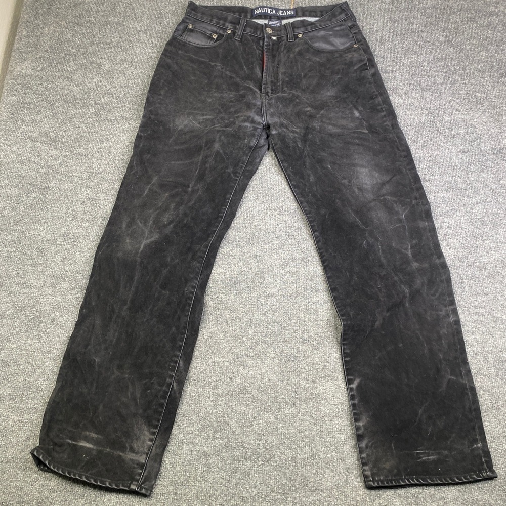 Nautica Jeans Co Mens 32x33 Vintage Faded Black Baggy Distressed Heavy Denim